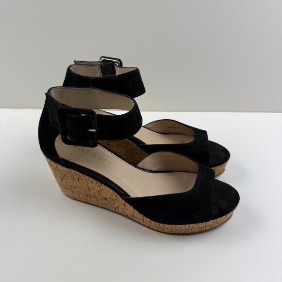 Pelle Moda Koko Black Nubuck Sandal with Cork Platform Wedge Size 5 1/2 - Picture 1 of 8